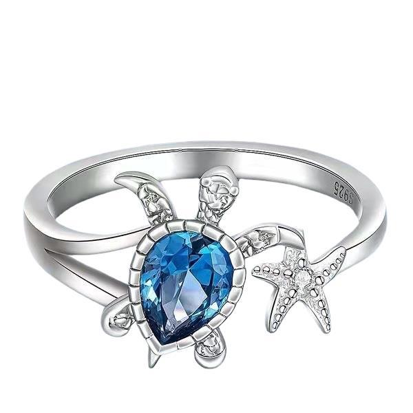 Sea Turtle Starfish Ring 925 Sterling Silver Blue Crystal Ocean Theme Bohemian Vintage Adjustable Open Ring Women Jewelry - View 5
