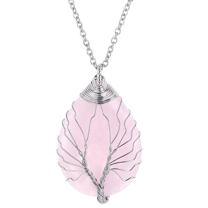 Tree Of Life Teardrop Pendant Necklace Natural Gemstone Crystal Wire Wrapped Healing Energy Stone Jewelry For Women