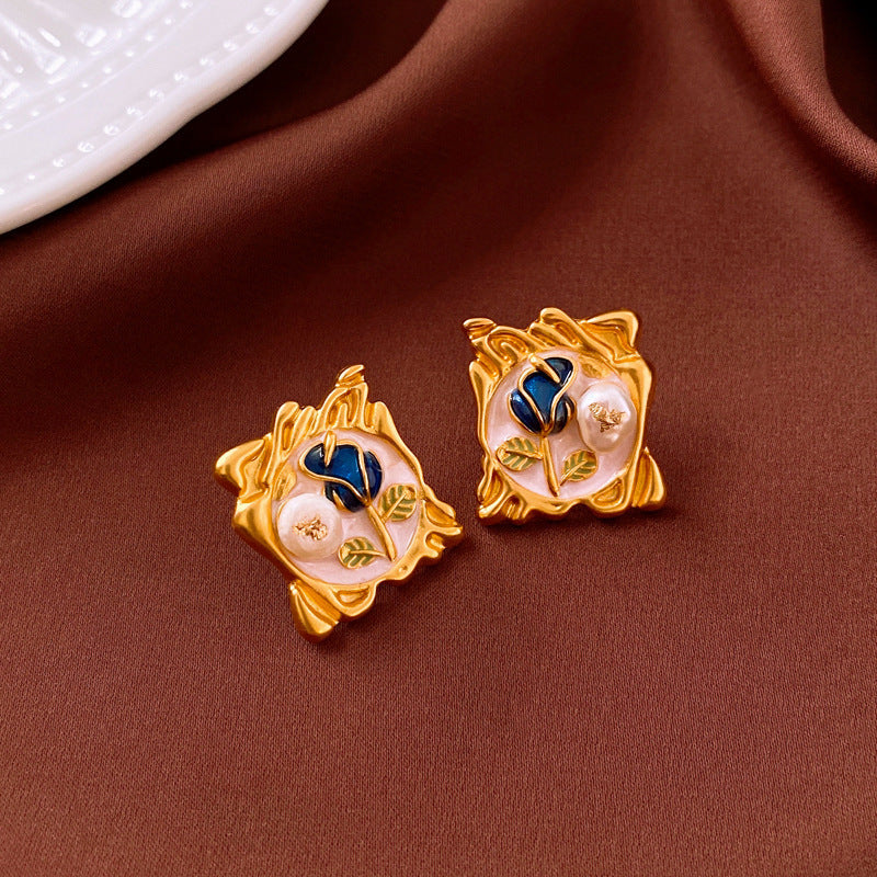 Vintage Enamel Oil Painting Style Earrings For Women Alloy Floral Butterfly Design With 925 Sterling Silver Earring Post - View 4