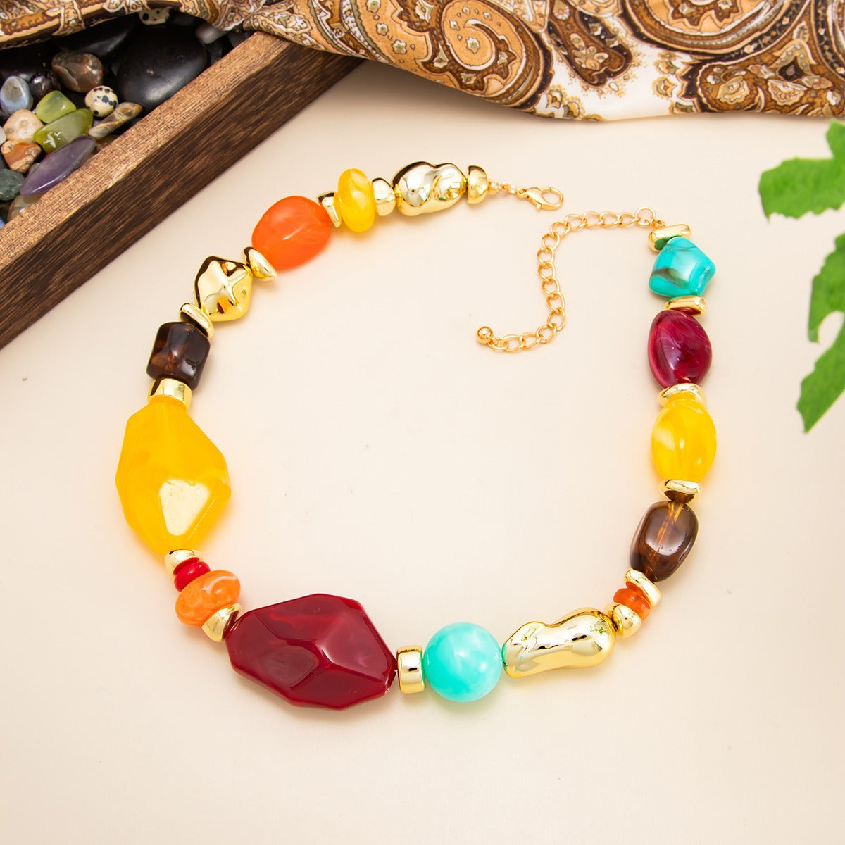 Retro Bohemian Multi Color Resin Beaded Necklace For Women Irregular Gold Plated CCB Artificial Pearl Statement Clavicle Chain - View 4