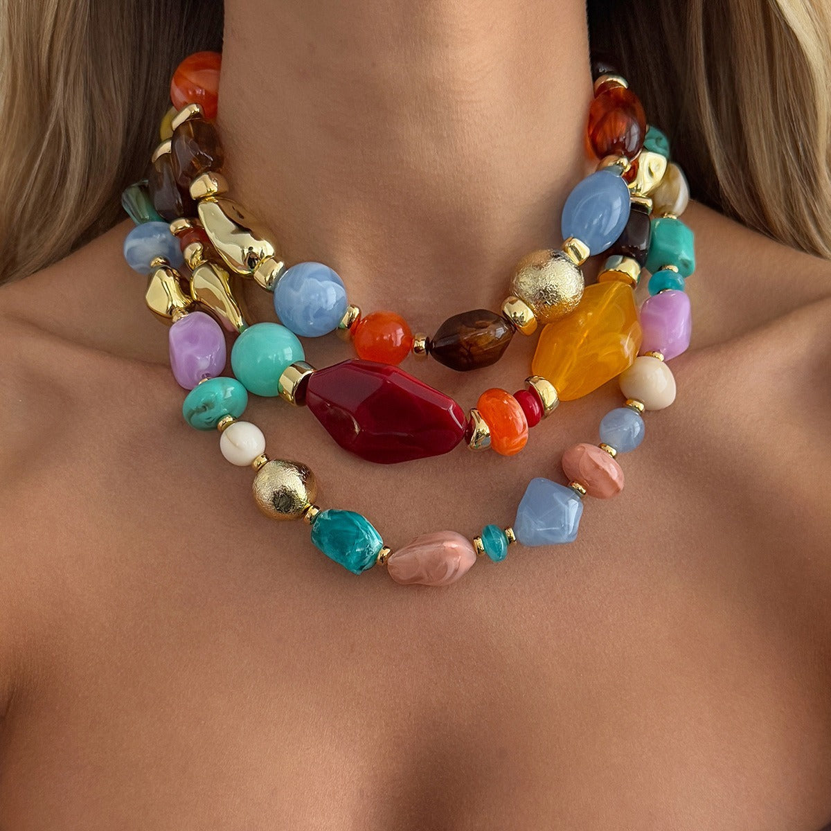 Retro Bohemian Multi Color Resin Beaded Necklace For Women Irregular Gold Plated CCB Artificial Pearl Statement Clavicle Chain
