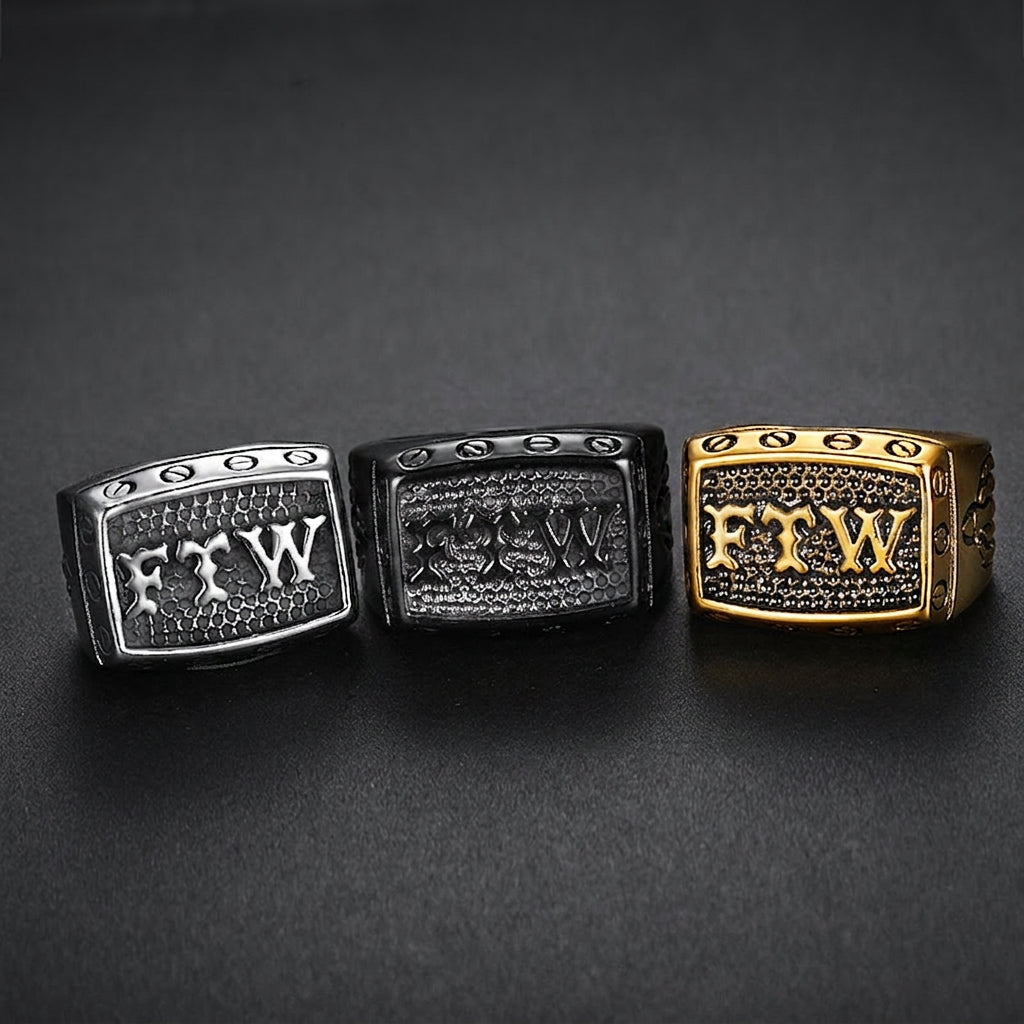 Stainless Steel Signet Ring Men Vintage Biker Punk Style Letters Industrial Design Gothic Jewelry