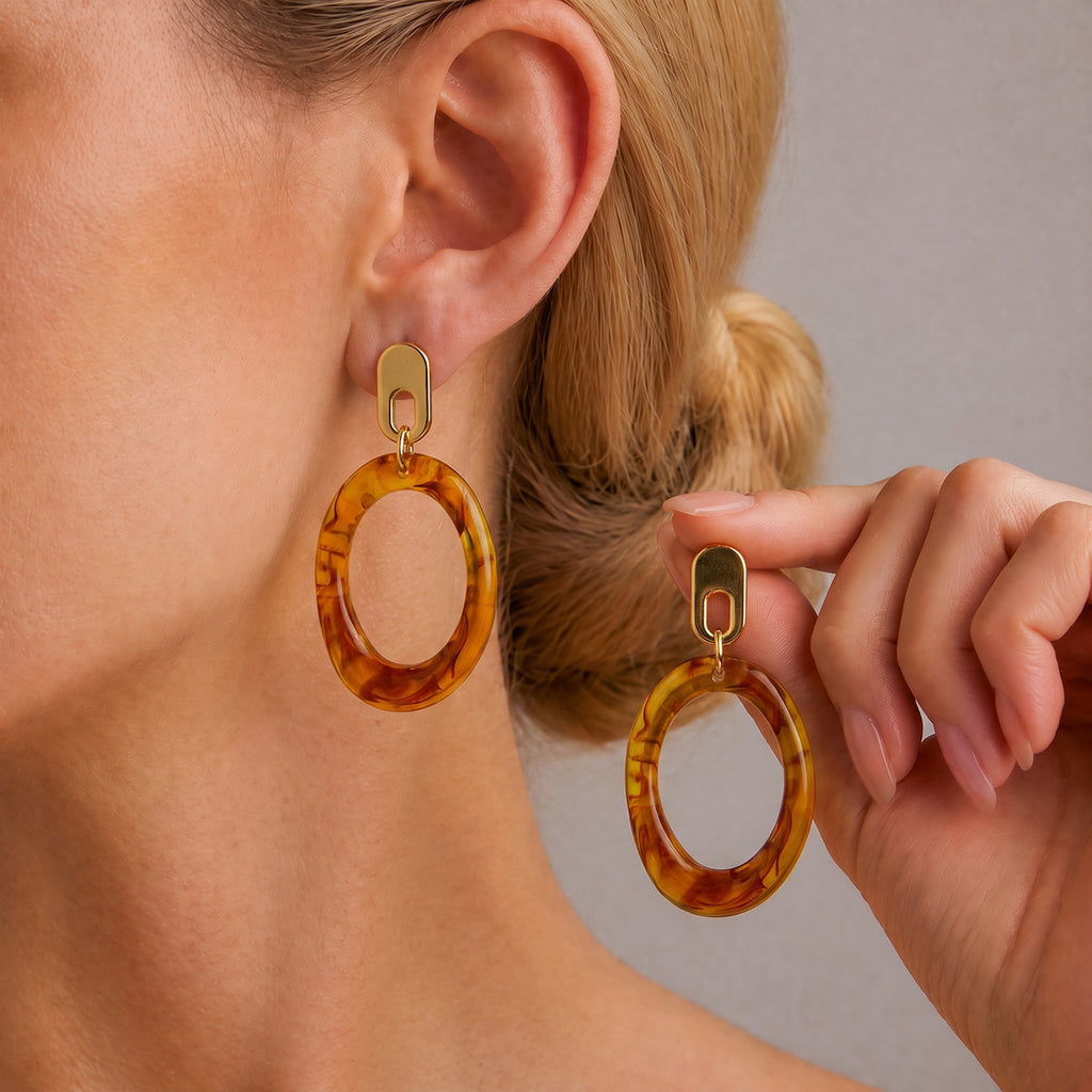 Resin Amber Square Stud Earrings — 304 Stainless Steel, Light Luxury