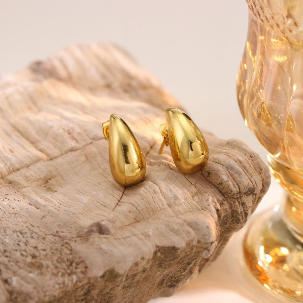 Solid Drop-Shape Stud Earrings — Stainless Steel, 18K Gold Plated, Amazon Best Seller