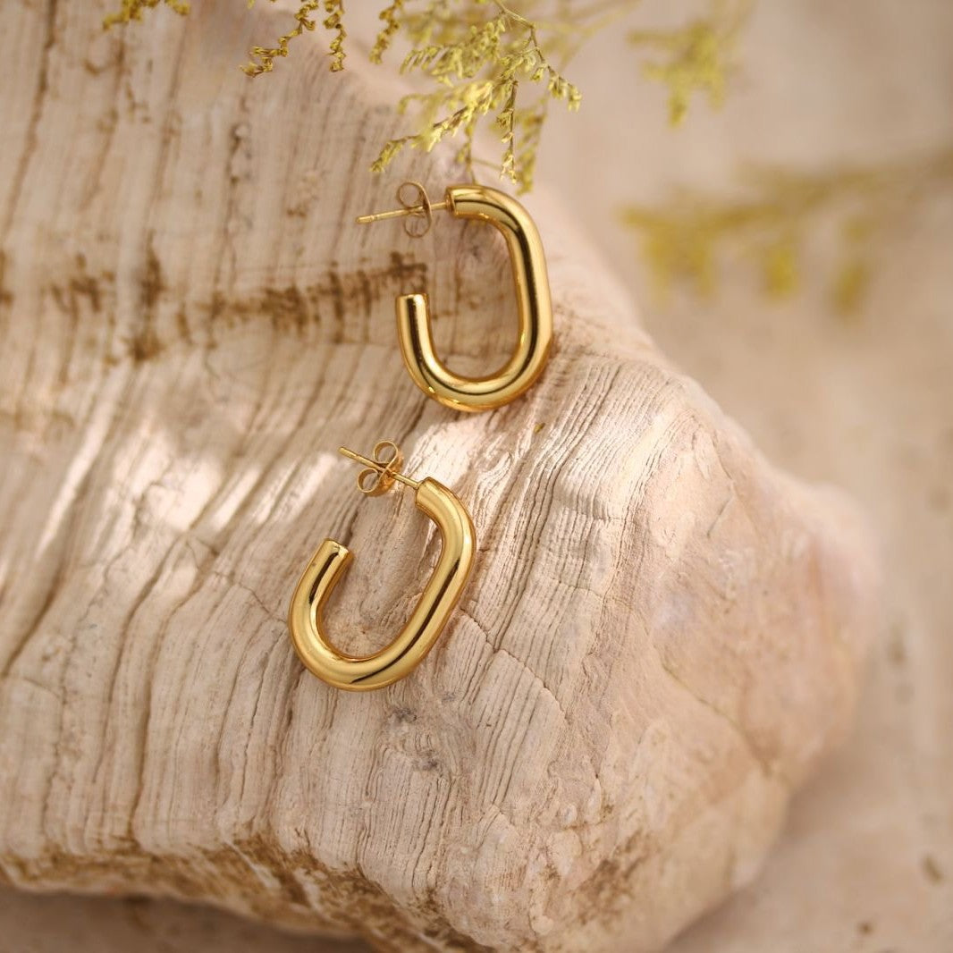 Geometric Hammered Texture Drop Earrings — Stainless Steel, 18K Gold Plated