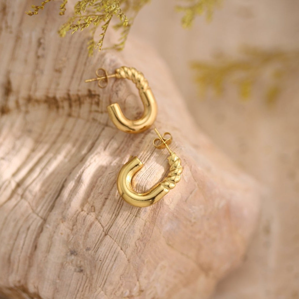 Geometric Hammered Texture Drop Earrings — Stainless Steel, 18K Gold Plated