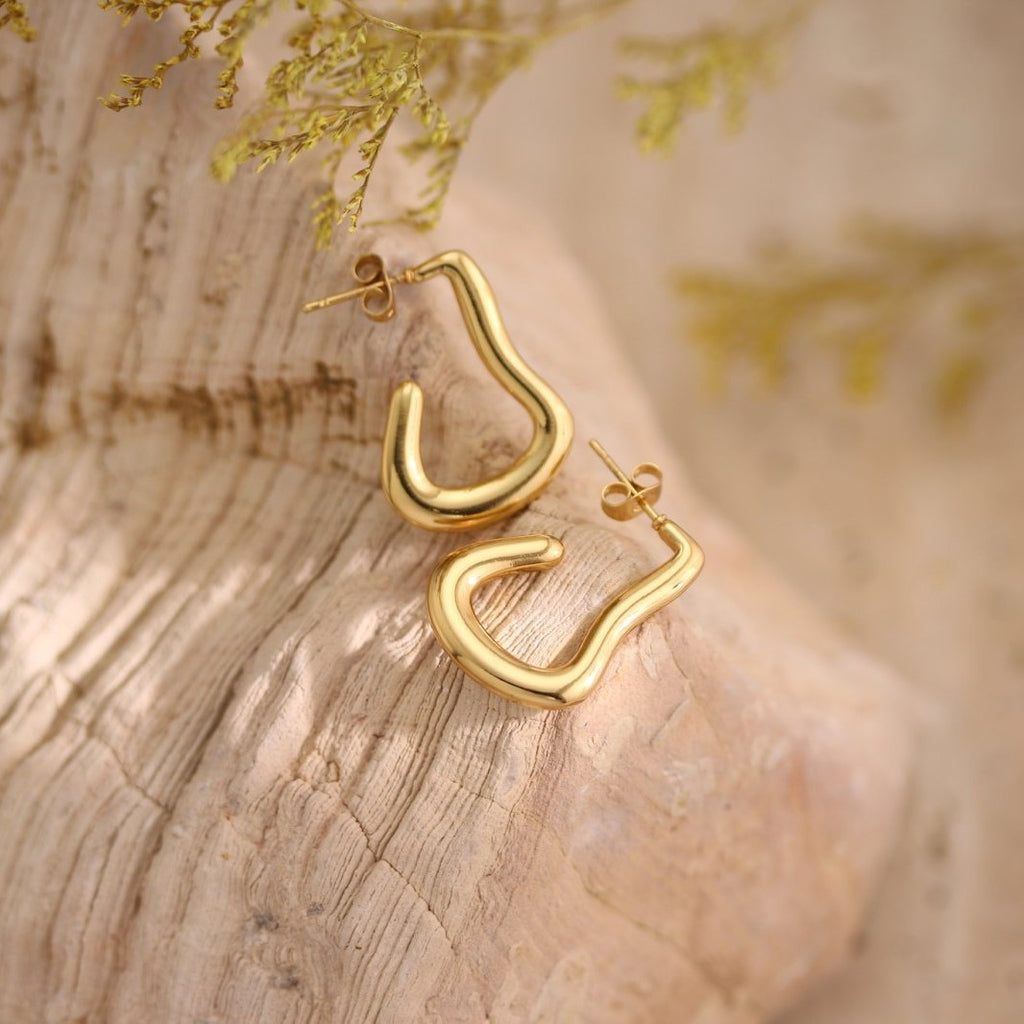 Geometric Hammered Texture Drop Earrings — Stainless Steel, 18K Gold Plated