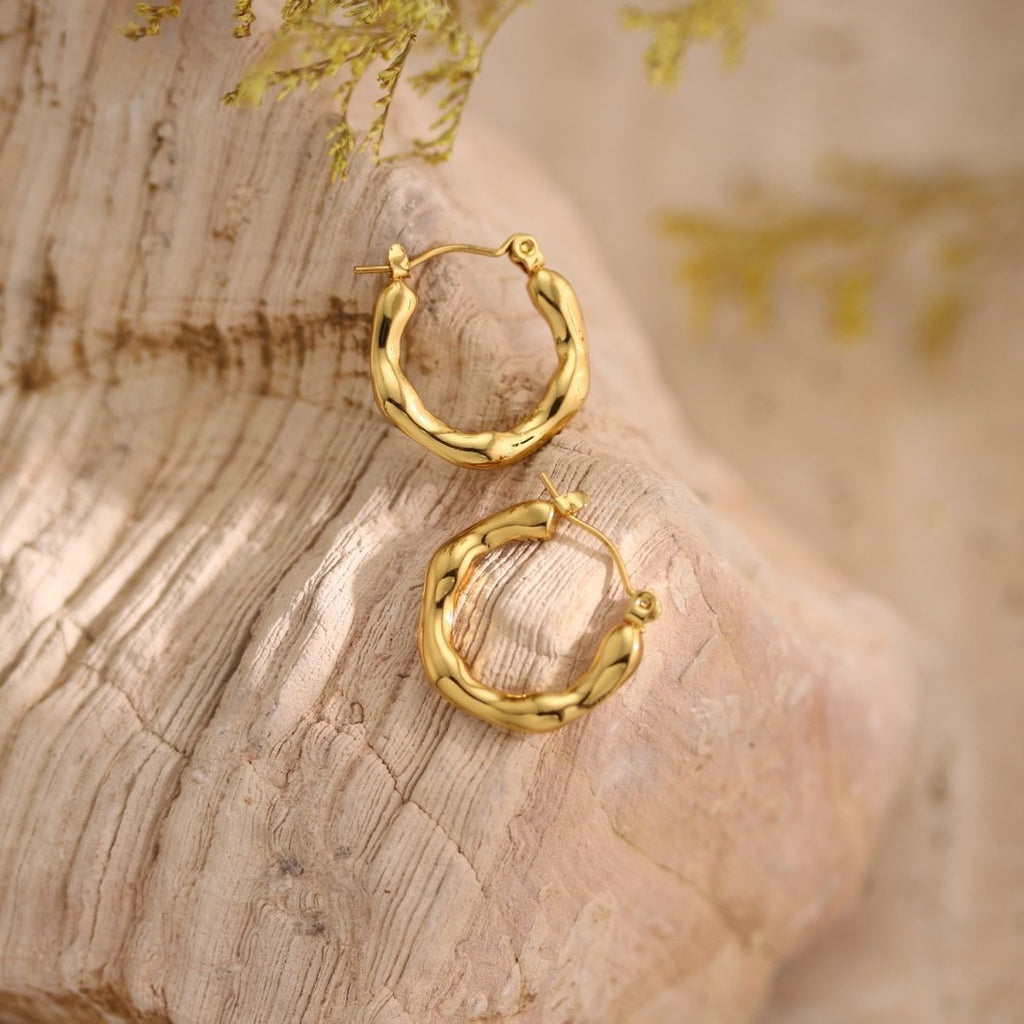 Geometric Hammered Texture Drop Earrings — Stainless Steel, 18K Gold Plated