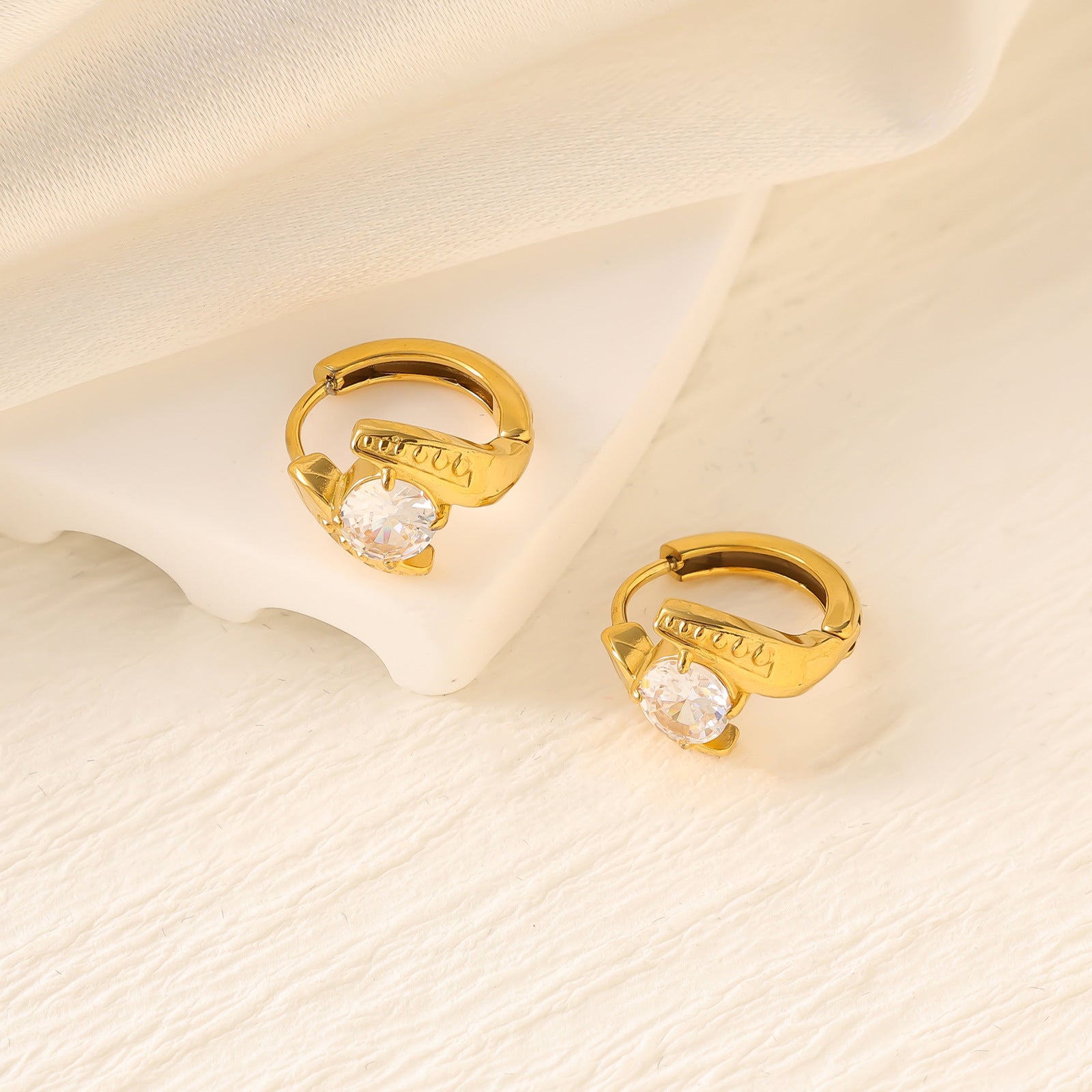 Geometric Zircon Hoop Earrings — Stainless Steel, 18K Gold Plated, Versatile