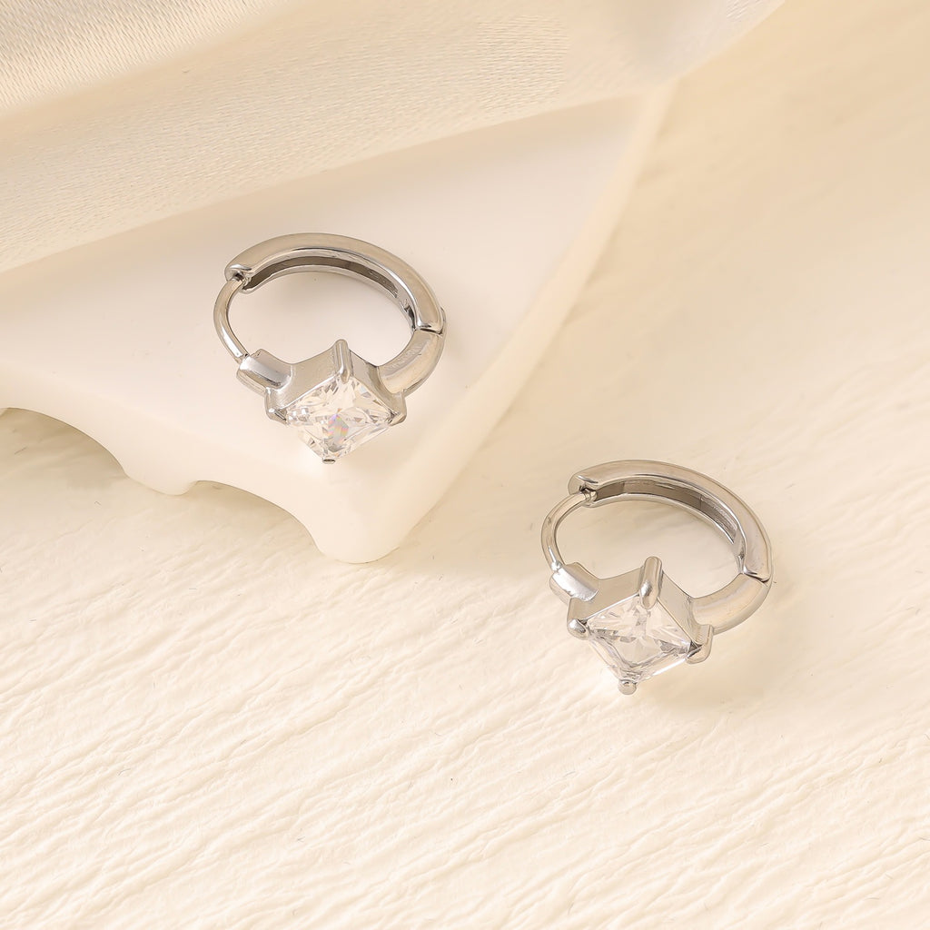 Geometric Zircon Hoop Earrings — Stainless Steel, 18K Gold Plated, Versatile