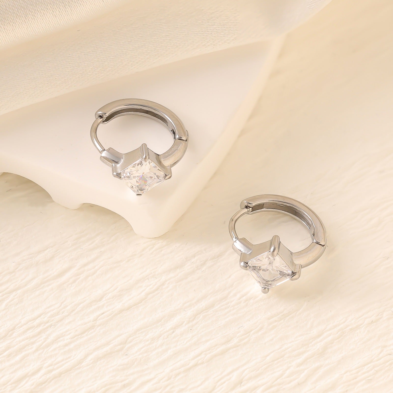 Geometric Zircon Hoop Earrings — Stainless Steel, 18K Gold Plated, Versatile