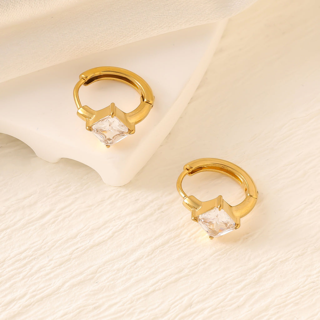 Geometric Zircon Hoop Earrings — Stainless Steel, 18K Gold Plated, Versatile