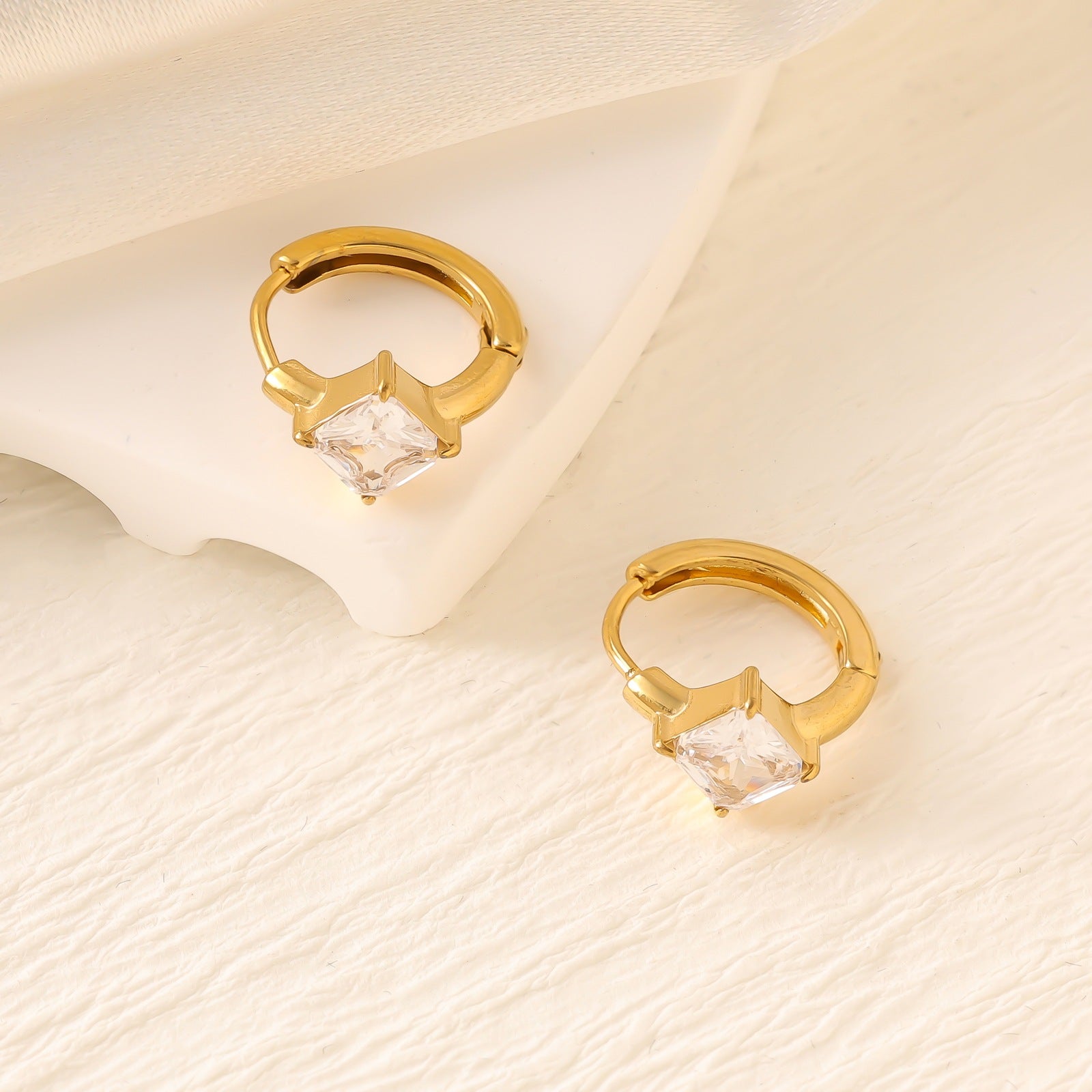 Geometric Zircon Hoop Earrings — Stainless Steel, 18K Gold Plated, Versatile