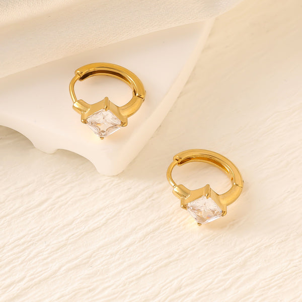 Geometric Zircon Hoop Earrings — Stainless Steel, 18K Gold Plated, Versatile