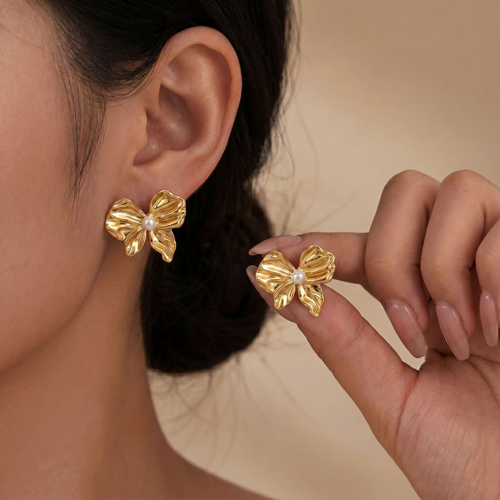 French Pearl & Bow Irregular Stud Earrings — Stainless Steel, Shell & Flower Motif
