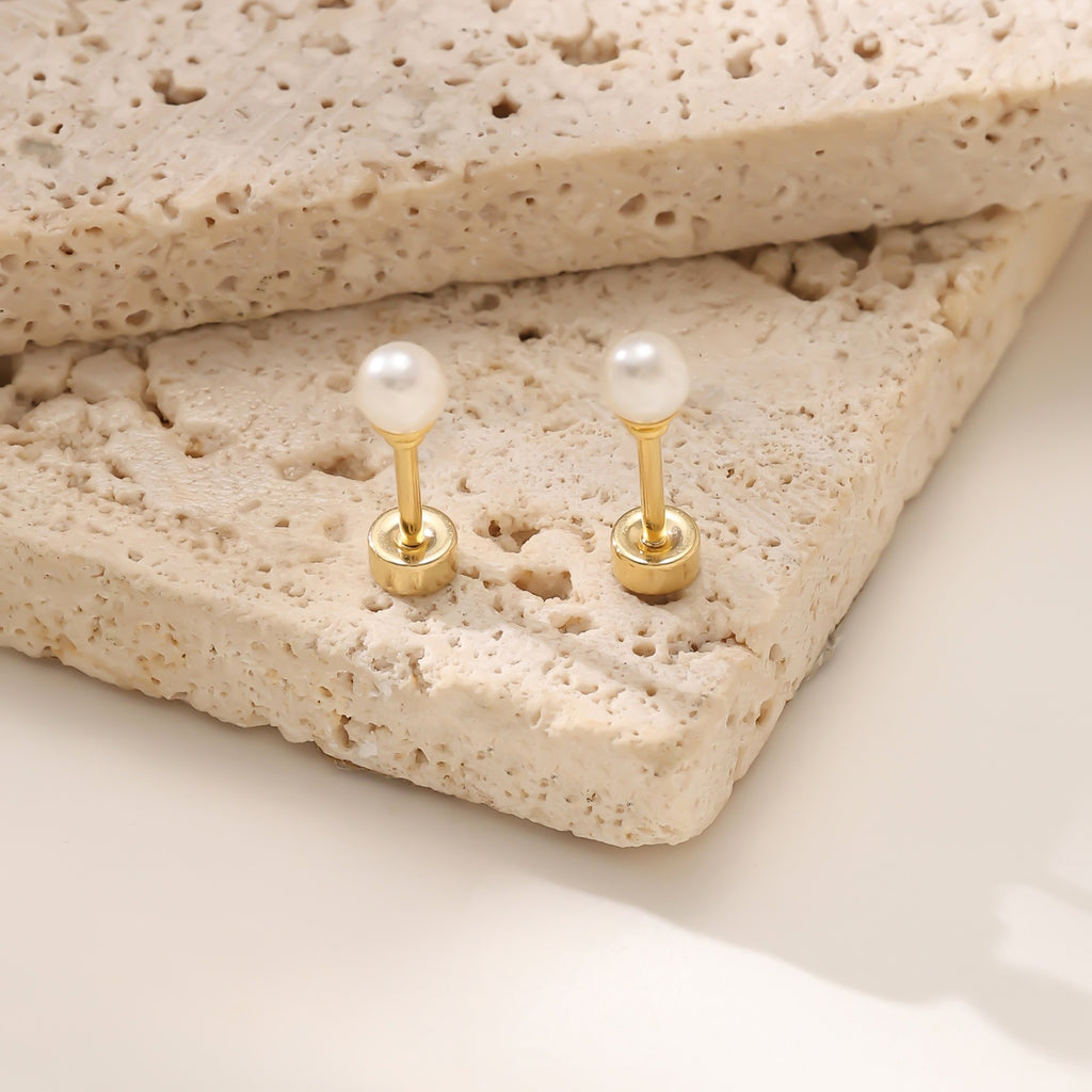 Mini Pearl Screw 304 Stainless Steel Stud Earrings — Real Gold Plated