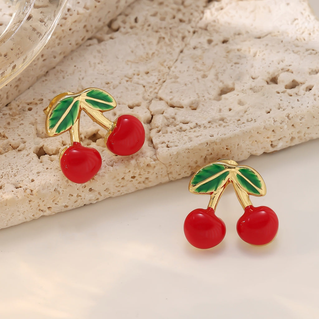Fruit Cherry 304 Stainless Steel Stud Earrings — 18K Gold Plated