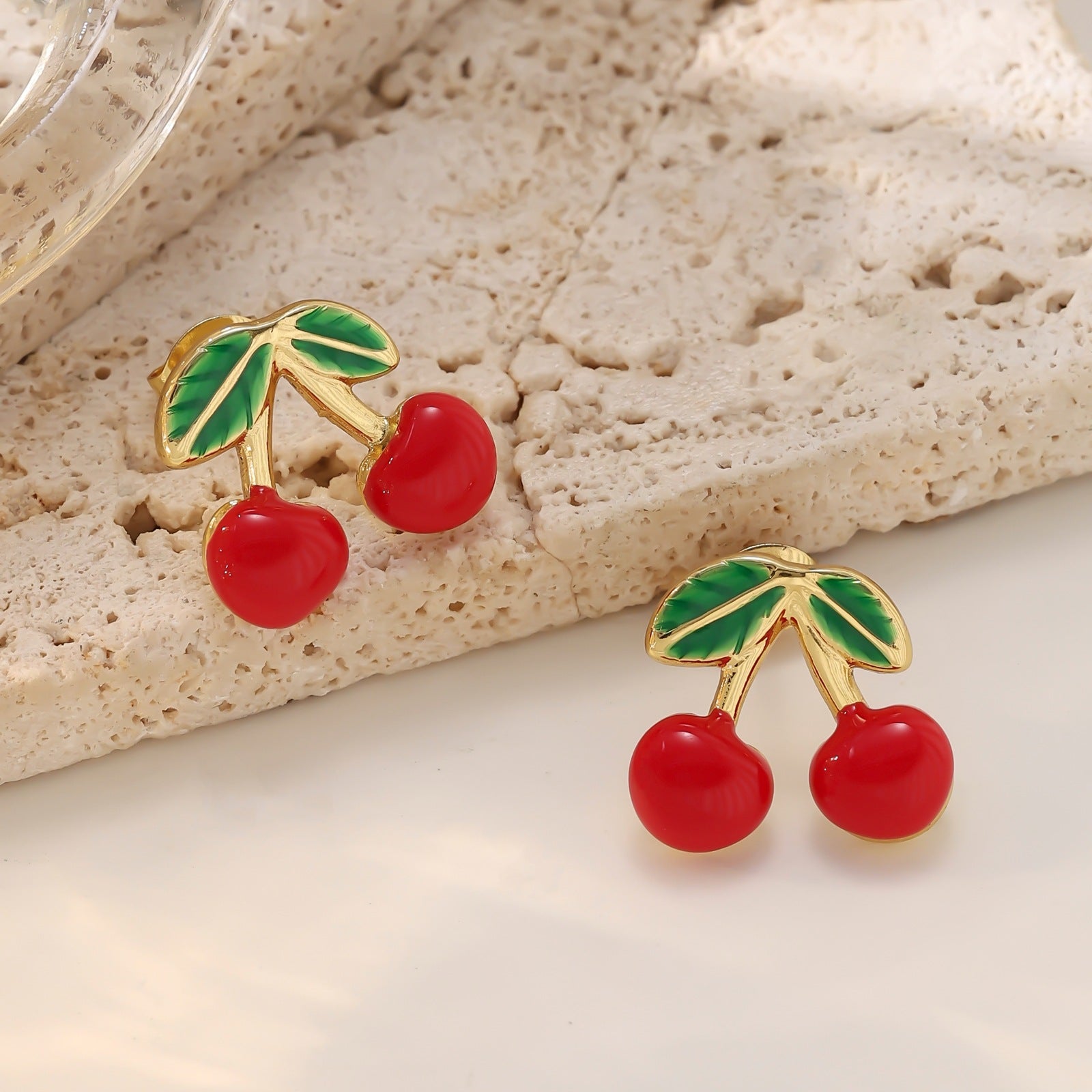 Fruit Cherry 304 Stainless Steel Stud Earrings — 18K Gold Plated