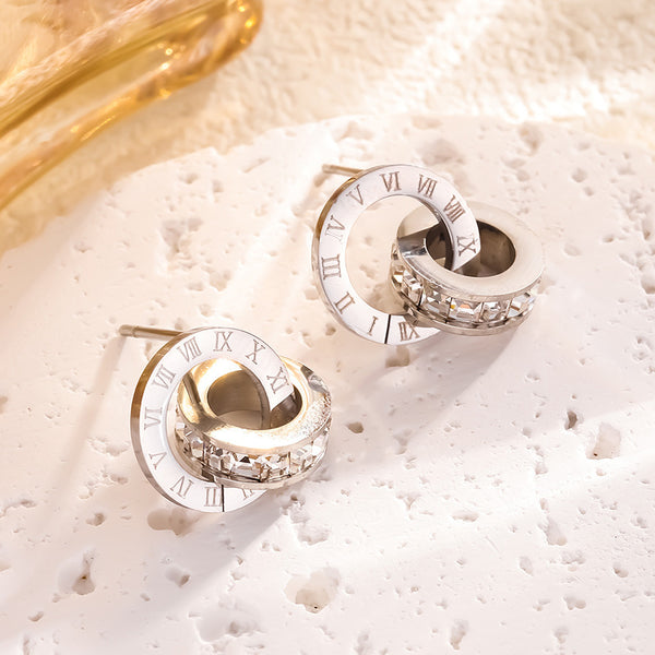 Roman Numerals Double Ring Rhinestone Necklace & Bracelet & Earrings Set — Titanium Steel