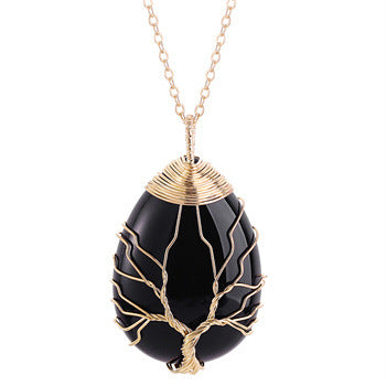 Tree Of Life Teardrop Pendant Necklace Natural Gemstone Crystal Wire Wrapped Healing Energy Stone Jewelry For Women