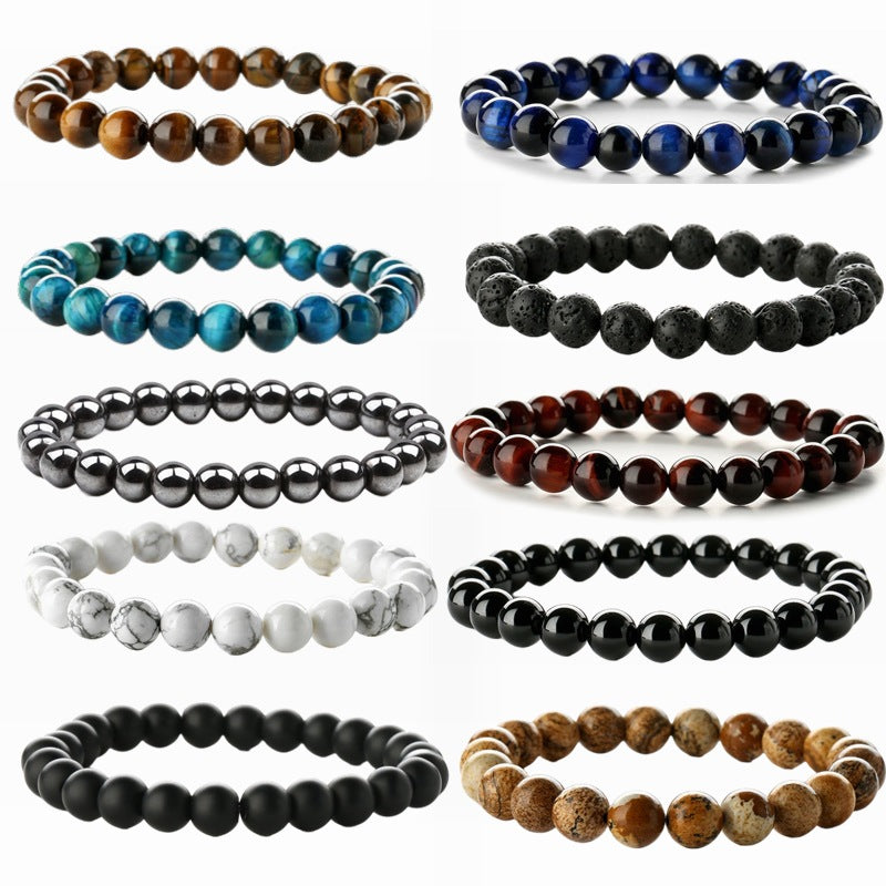 Natural Stone Beaded Bracelet Tiger Eye Lava Stone Agate Elastic Handmade Unisex Healing Yoga Jewelry