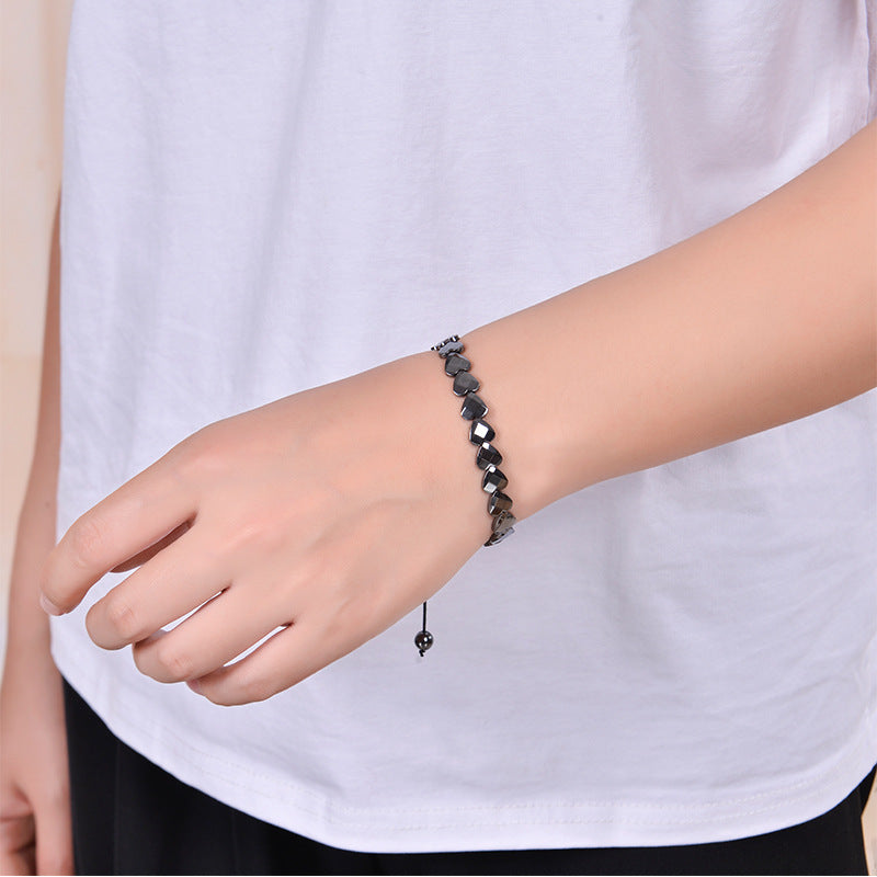 Heart Shape Hematite Magnetic Stone Adjustable Woven Rope Bracelet Unisex Fashion Jewelry Black - View 3