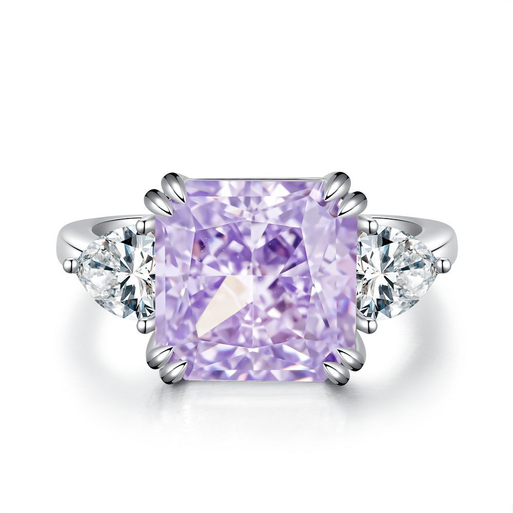 925 Sterling Silver Radiant Cut Zirconia Ring Lavender Purple Square Stone Three Stone Design Engagement Finger Ring For Women Jewelry - View 5