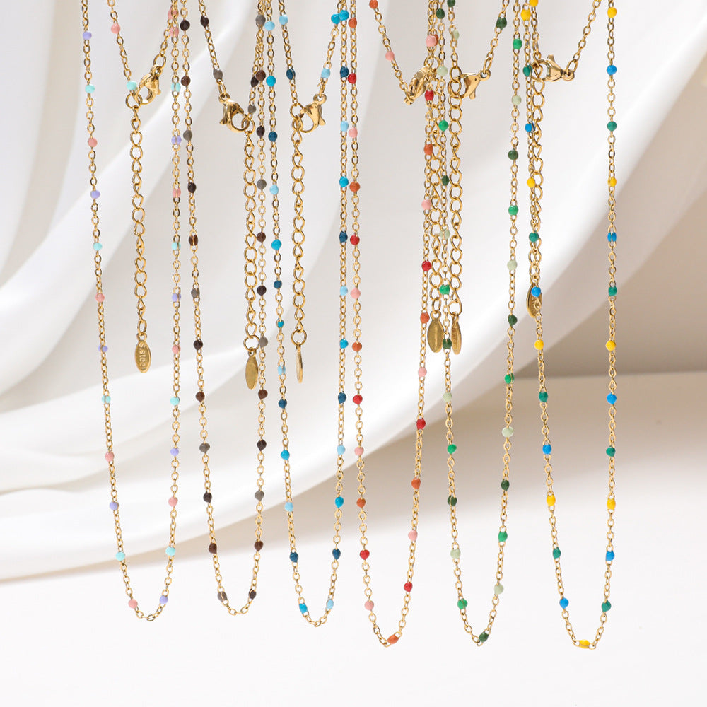 Colorful Enamel Bead Stainless Steel Necklace For Women French Retro Minimalist Adjustable Lobster Clasp Jewelry Gift
