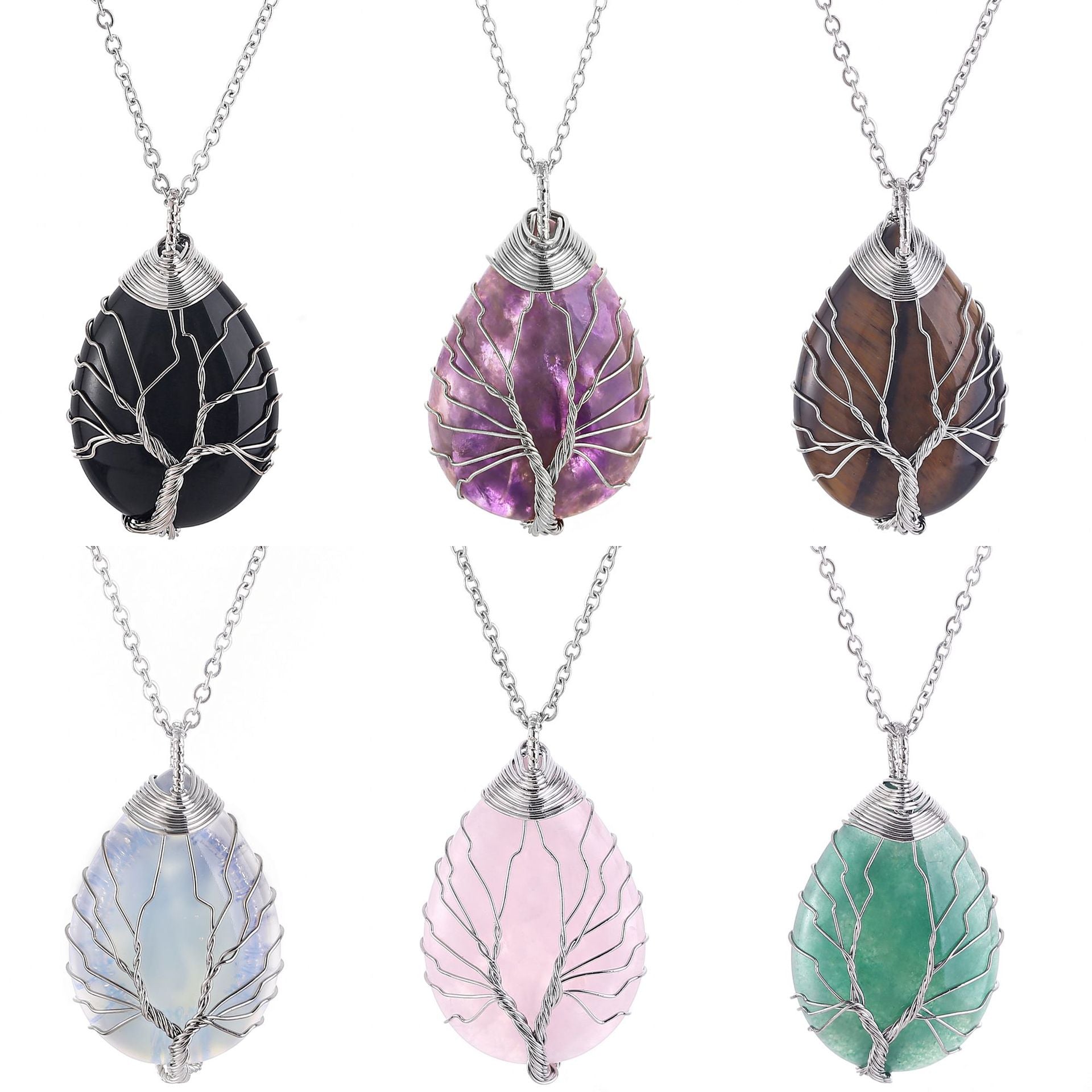 Tree Of Life Teardrop Pendant Necklace Natural Gemstone Crystal Wire Wrapped Healing Energy Stone Jewelry For Women