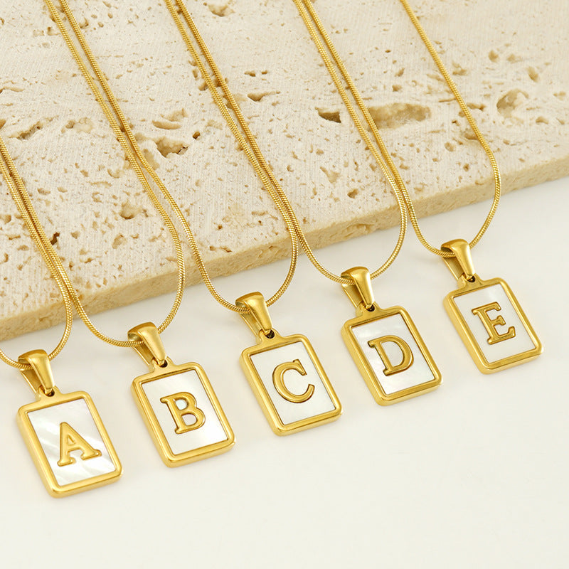 Initial Alphabet Necklace Stainless Steel Mother Of Artificial Pearl Rectangle Pendant Snake Chain 18K Gold Plated Jewelry Women - View 2