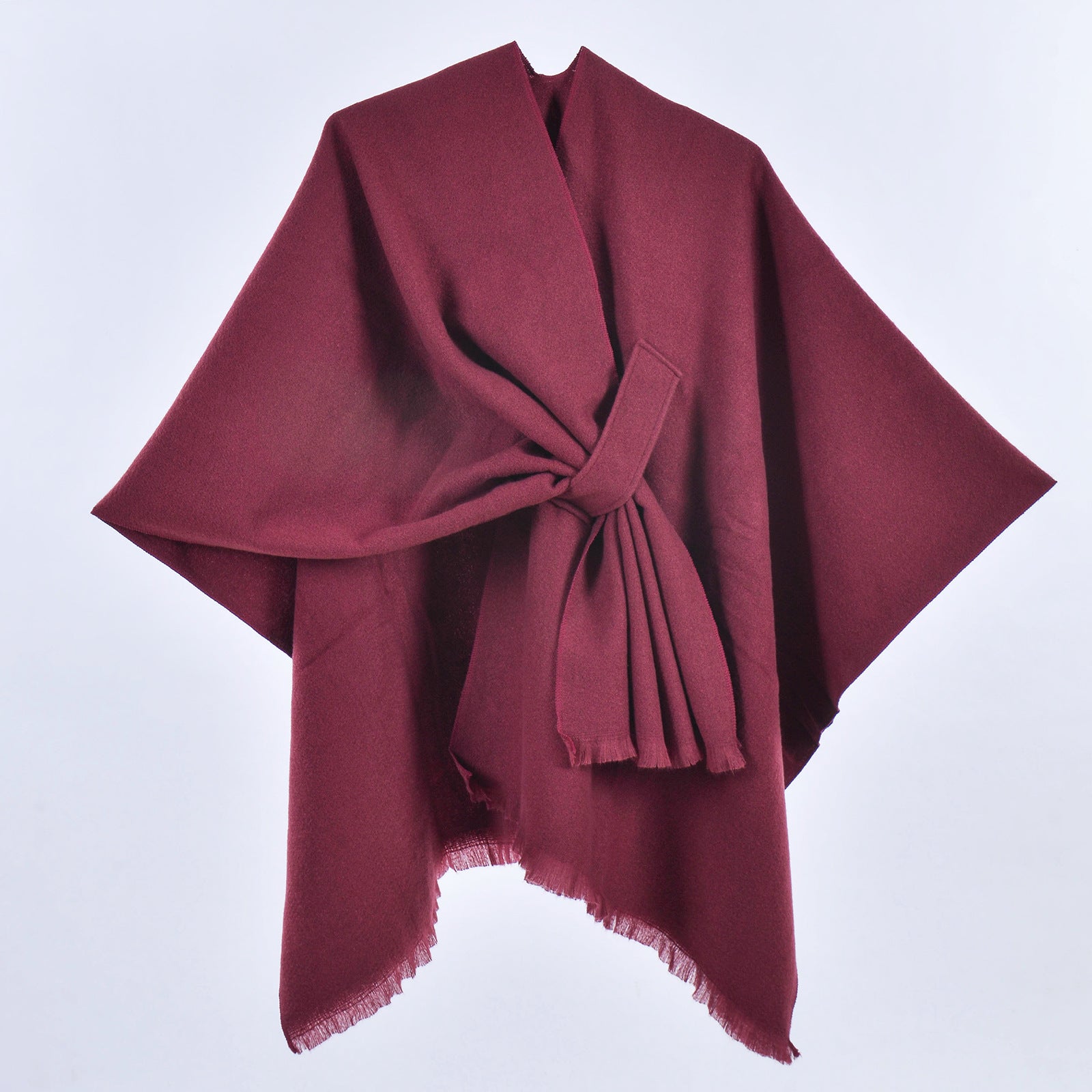 Women Faux Cashmere Shawl Poncho Tie-Up Open Front Wrap With Tassels Solid Color Striped Plaid Fashion Cape - View 4