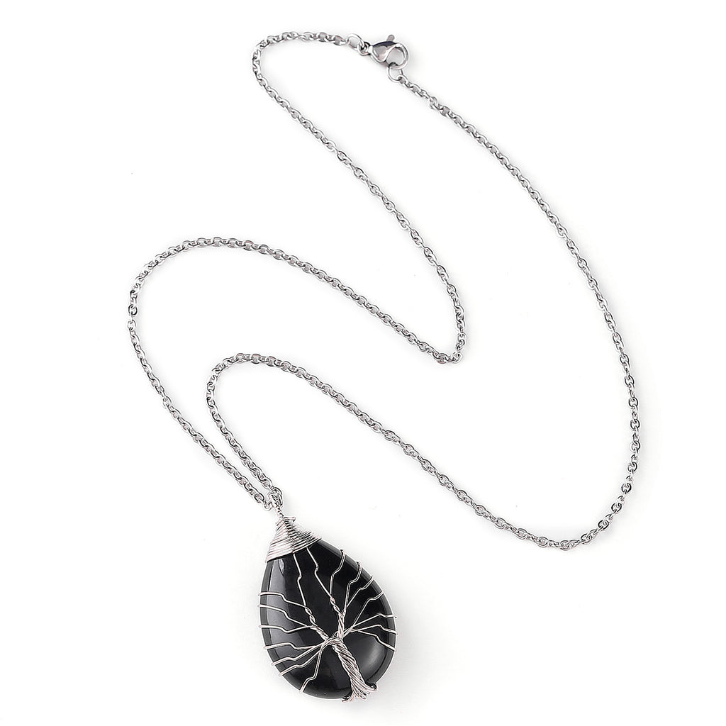 Tree Of Life Teardrop Pendant Necklace Natural Gemstone Crystal Wire Wrapped Healing Energy Stone Jewelry For Women - View 5
