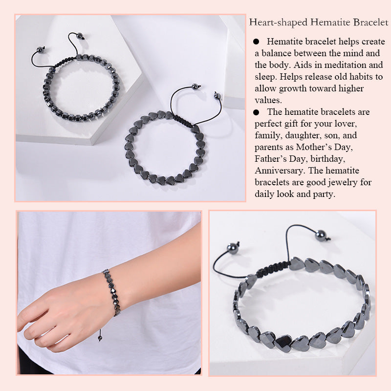 Heart Shape Hematite Magnetic Stone Adjustable Woven Rope Bracelet Unisex Fashion Jewelry Black - View 4