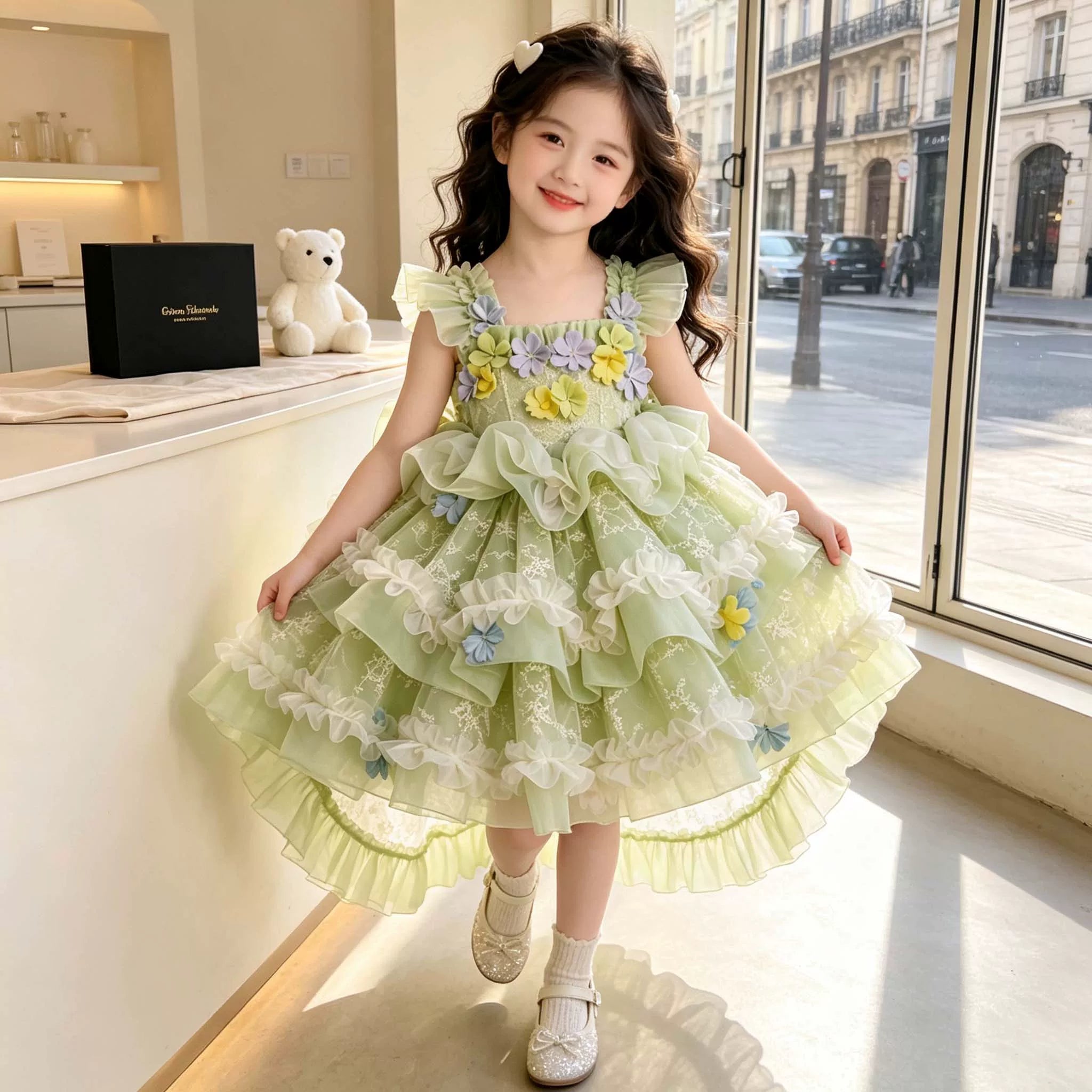 Girls Summer Princess Flower Fairy Mesh Dress - Layered Cake Puffy Lolita