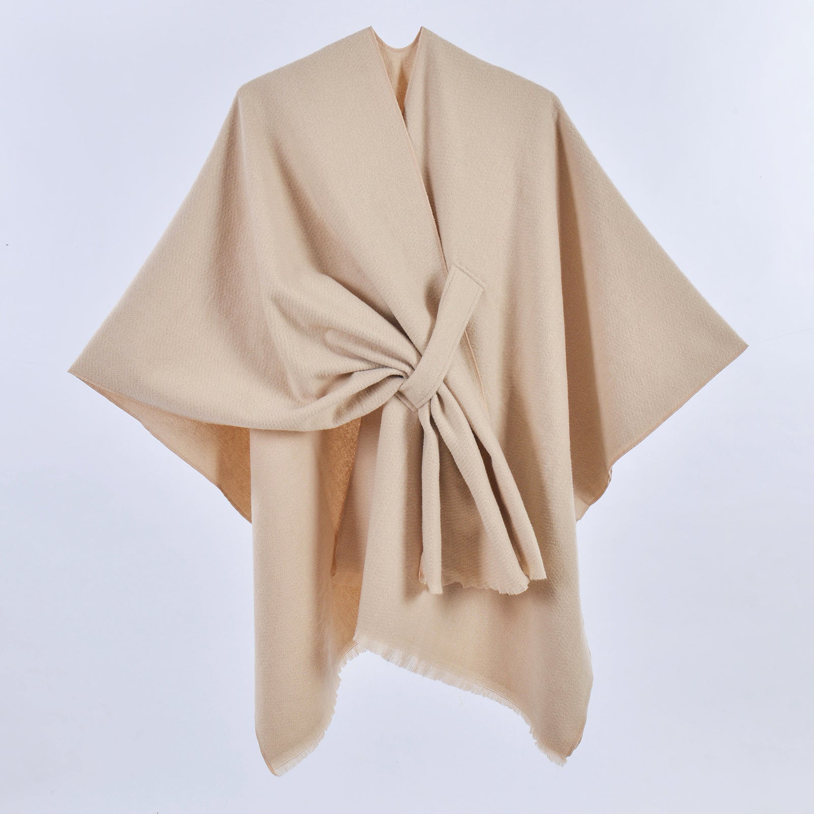 Women Faux Cashmere Shawl Poncho Tie-Up Open