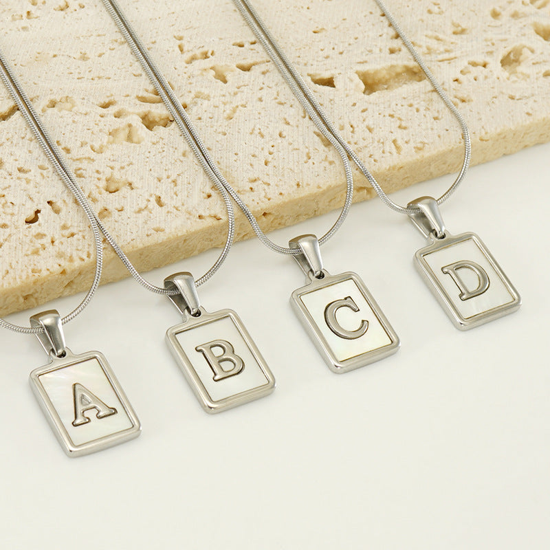 Initial Alphabet Necklace Stainless Steel Mother Of Artificial Pearl Rectangle Pendant Snake Chain 18K Gold Plated Jewelry Women - View 3