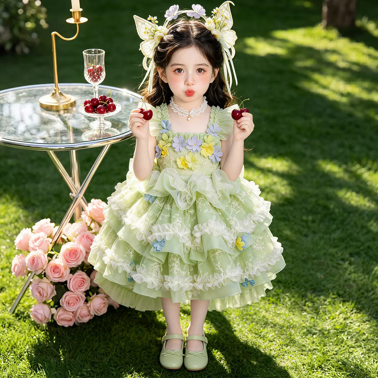 Girls Summer Princess Flower Fairy Mesh Dress - Layered Cake Puffy Lolita