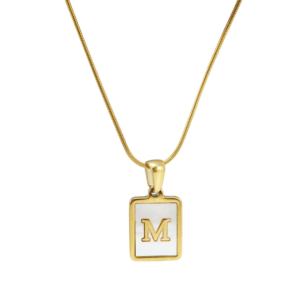 Initial Alphabet Necklace Stainless Steel Mother Of Artificial Pearl Rectangle Pendant Snake Chain 18K Gold Plated Jewelry Women - View 5