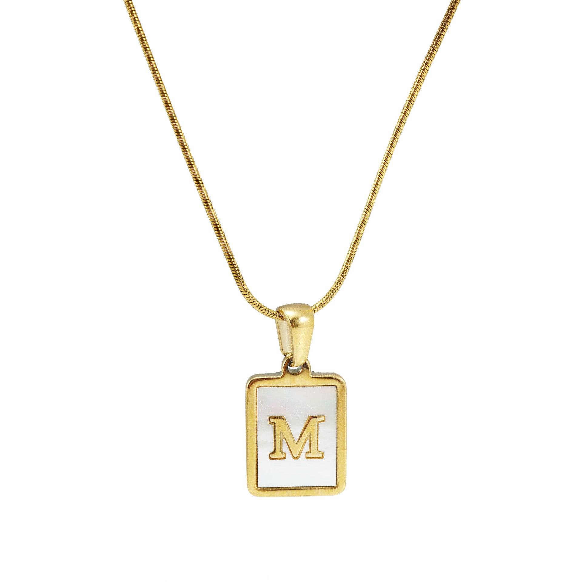 Initial Alphabet Necklace Stainless Steel Mother Of Artificial Pearl Rectangle Pendant Snake Chain 18K Gold Plated Jewelry Women - View 5