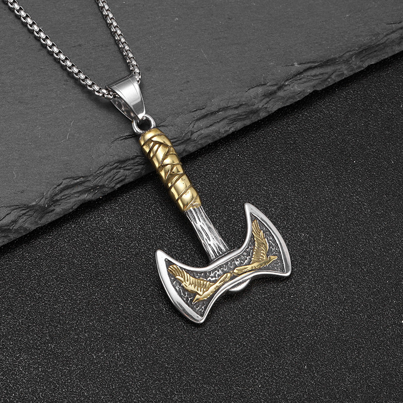 Viking Double Axe Pendant Necklace Men Titanium Steel Two Tone Gold Antique Silver Norse Mythology Biker Jewelry Accessory Gift - View 4