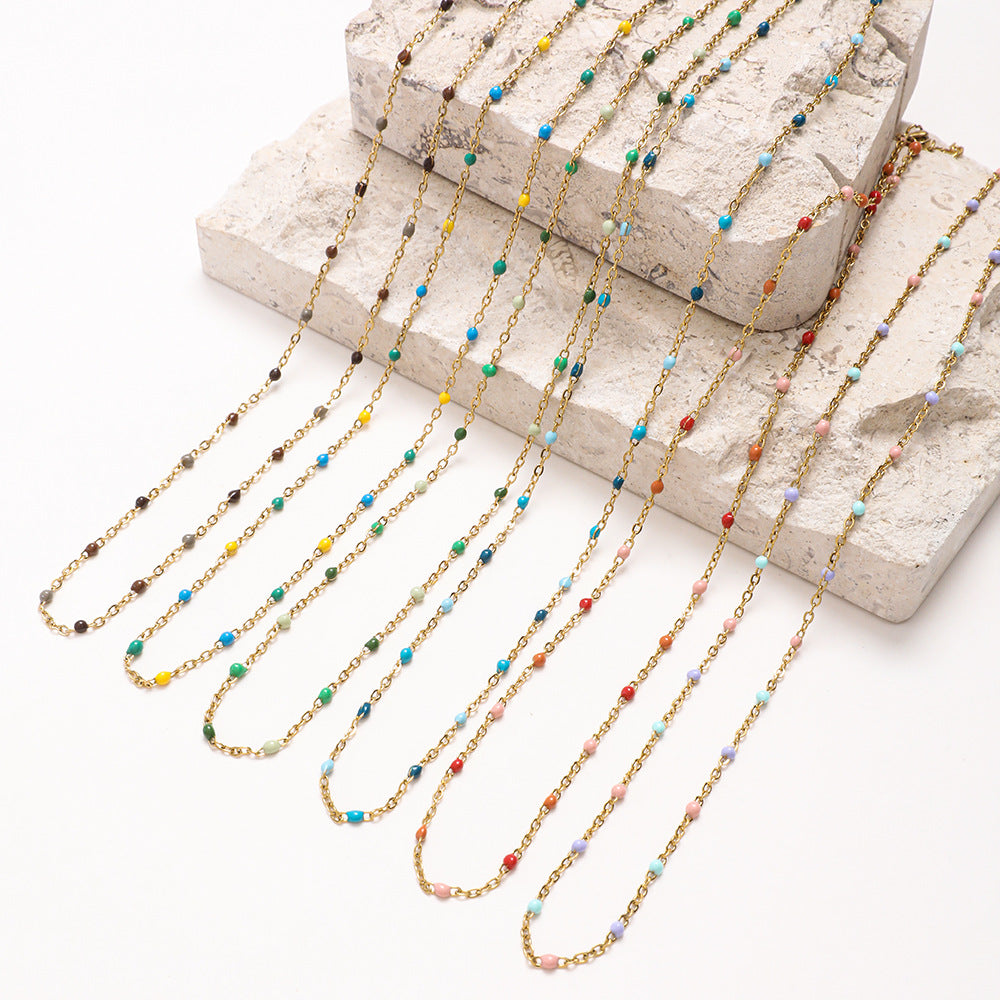 Colorful Enamel Bead Stainless Steel Necklace For Women French Retro Minimalist Adjustable Lobster Clasp Jewelry Gift - View 4