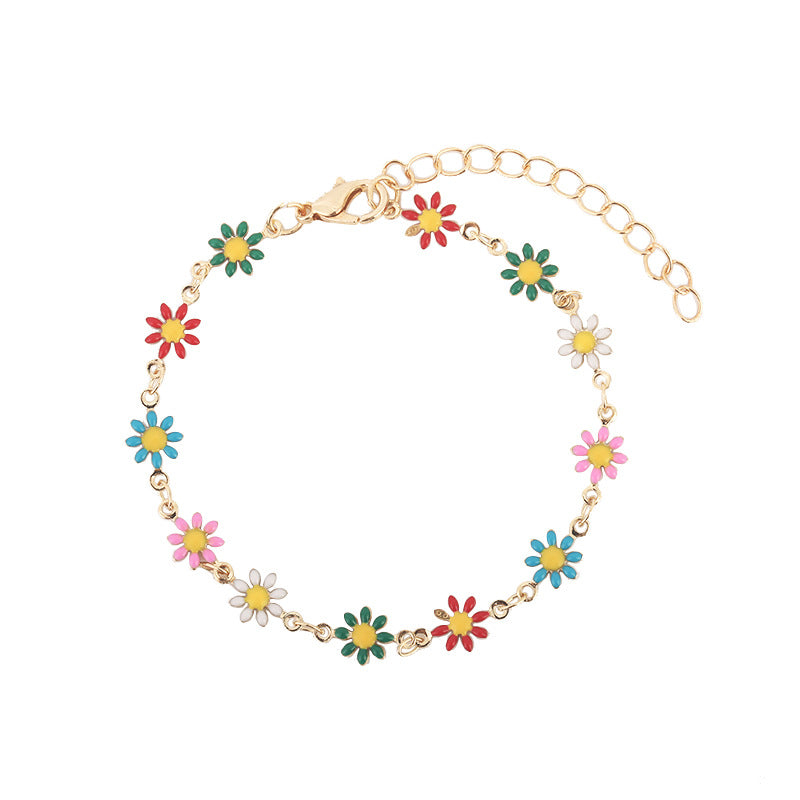 Daisy Flower Bracelet For Women Copper Gold Plated Enamel Colorful Heart Pendant Adjustable Extension Chain Fresh Jewelry - View 5