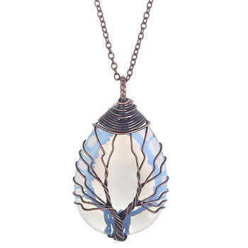 Tree Of Life Teardrop Pendant Necklace Natural Gemstone Crystal Wire Wrapped Healing Energy Stone Jewelry For Women