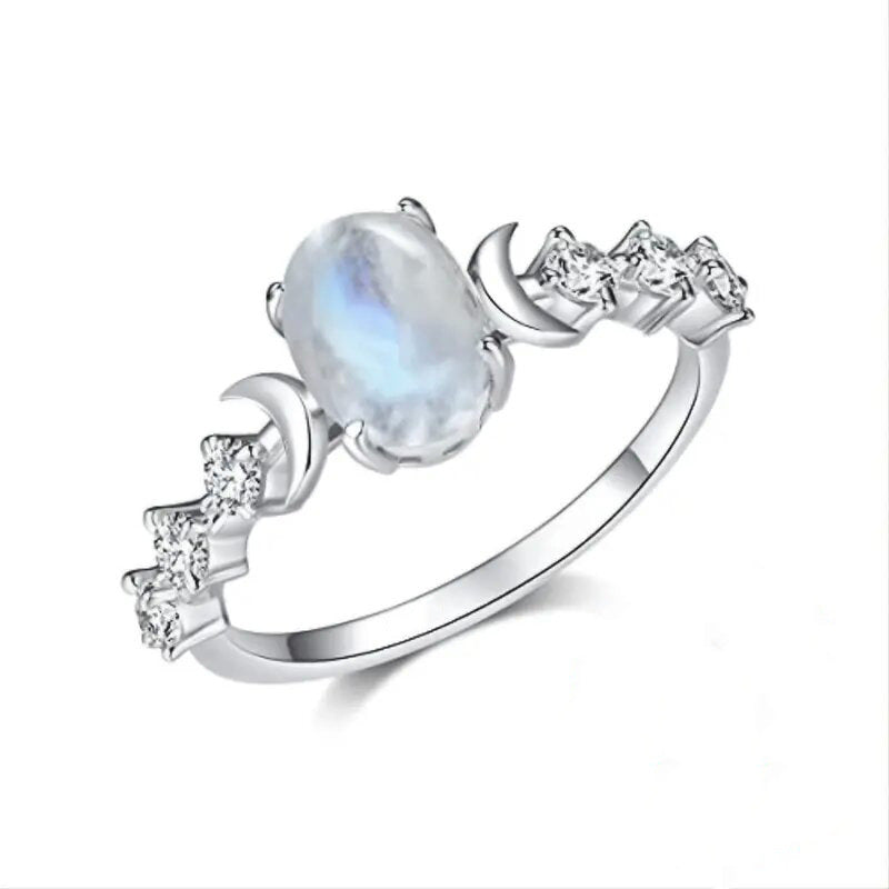 Vintage Oval Moonstone Opal Ring Sun And Moon Design Copper Zircon Bohemian Celestial Jewelry For Women - View 5