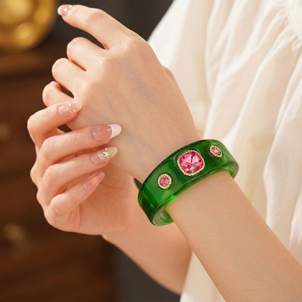 Vintage Resin Cuff Bracelet Chunky Rhinestone Inlaid Open Bangle Retro Fashion Jewelry For Women - View 4