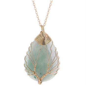 Tree Of Life Teardrop Pendant Necklace Natural Gemstone Crystal Wire Wrapped Healing Energy Stone Jewelry For Women