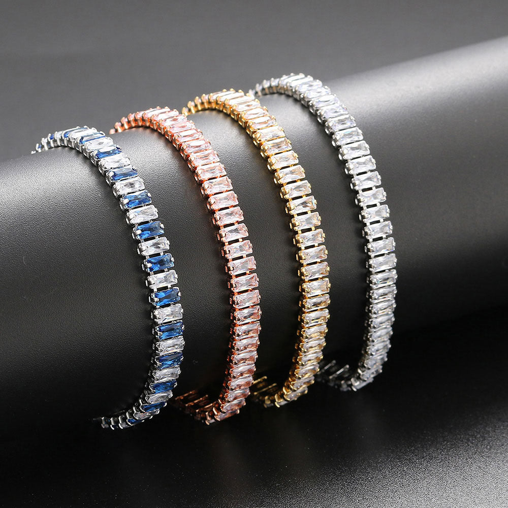 Baguette Cut Rectangular Cubic Zirconia Tennis Bracelet Copper Gold Plated Fashion Jewelry For Women Elegant Sparkling