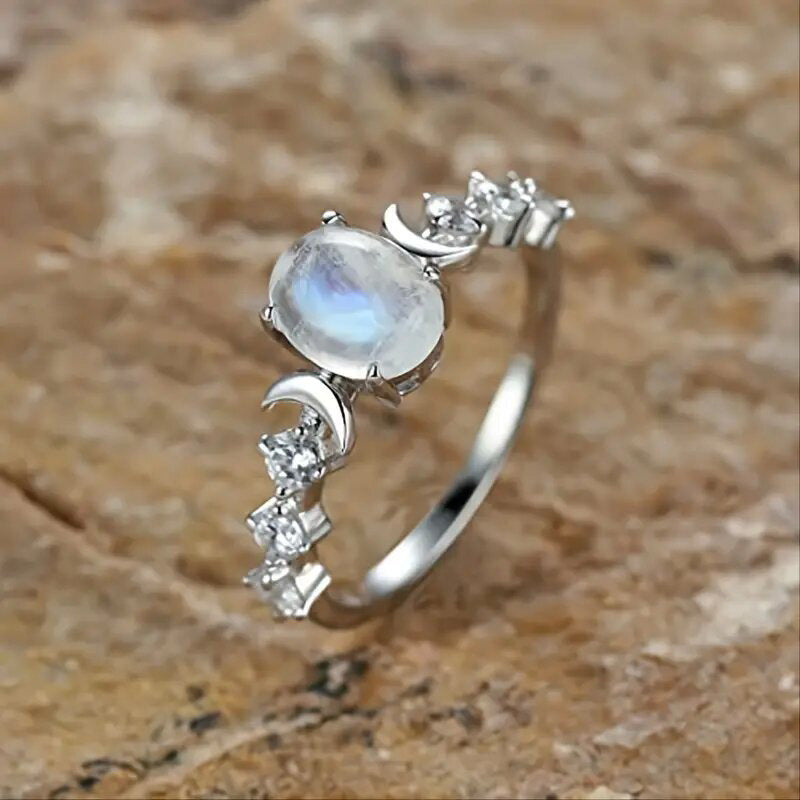 Vintage Oval Moonstone Opal Ring Sun And Moon Design Copper Zircon Bohemian Celestial Jewelry For Women - View 2