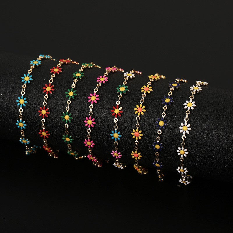 Daisy Flower Bracelet For Women Copper Gold Plated Enamel Colorful Heart Pendant Adjustable Extension Chain Fresh Jewelry - View 4