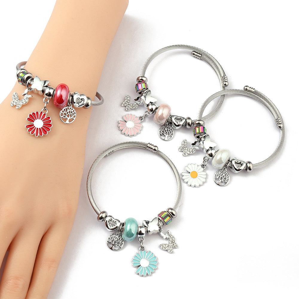 Charm Bracelet Stainless Steel Alloy Pendant Crystal Glass Beads Butterfly Heart Flower Adjustable Jewelry For Women - View 2